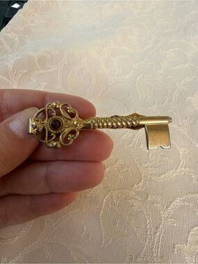 Vintage Ornate Tie Clip- Gold Key Decorative Accent with Red Gem